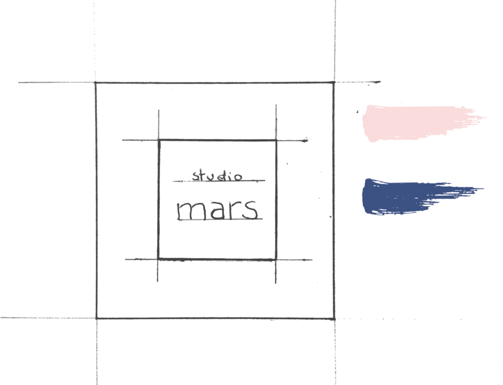 "Logo Studio Mars dessiné à la main et peinture rose et bleue"