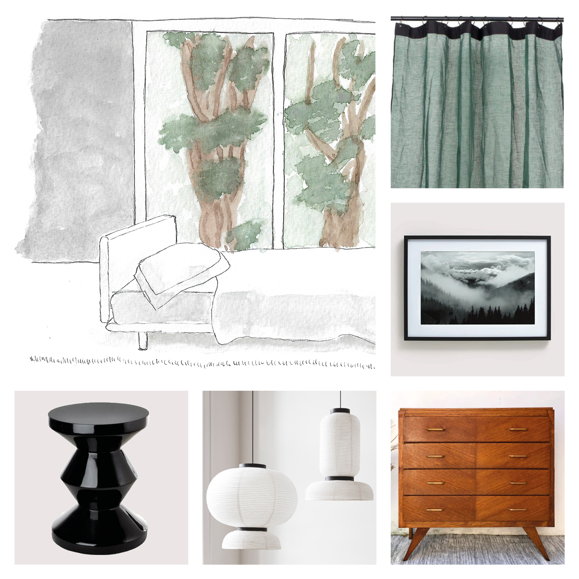 "Planche d'inspiration d'une chambre avec une aquarelle de Marion Tomasi, des rideaux verts, un tabouret tam tam, des suspensions en papier et une commode chinée"